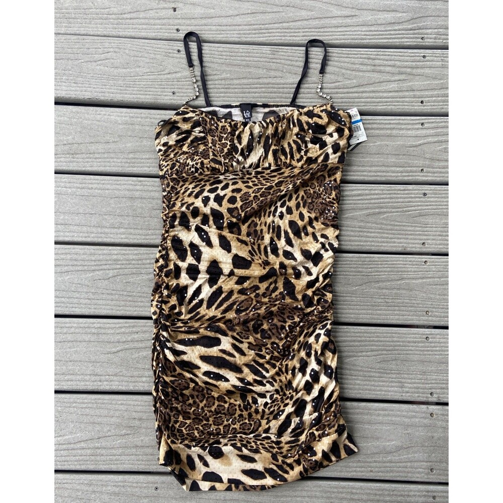 Love Tease XL Y2K Leopard Animal Print Sequin Ruched Mini Dress Rhinestone